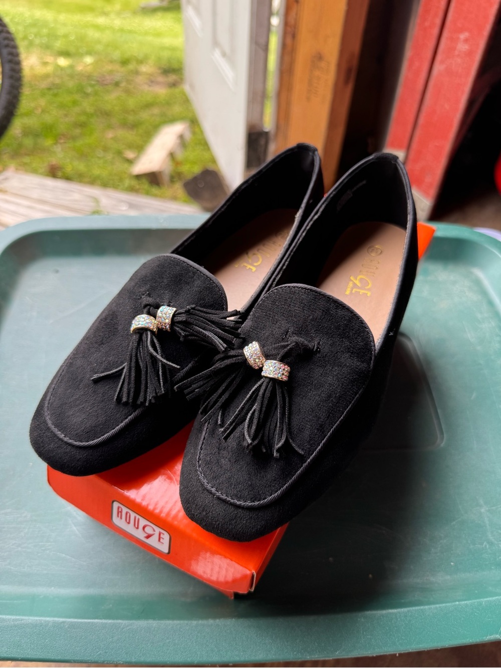 Rouge Helium Black Suede Tassel Loafers with Rhinestone Accents